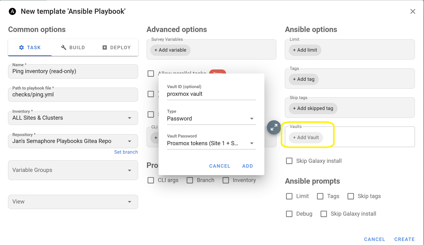 Add your first task template into Semaphore to run a simple ‘ping’ playbook. Add Ansible Vault details to reach each Proxmox host/cluster.
