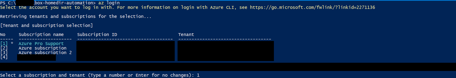 az login subscription selection