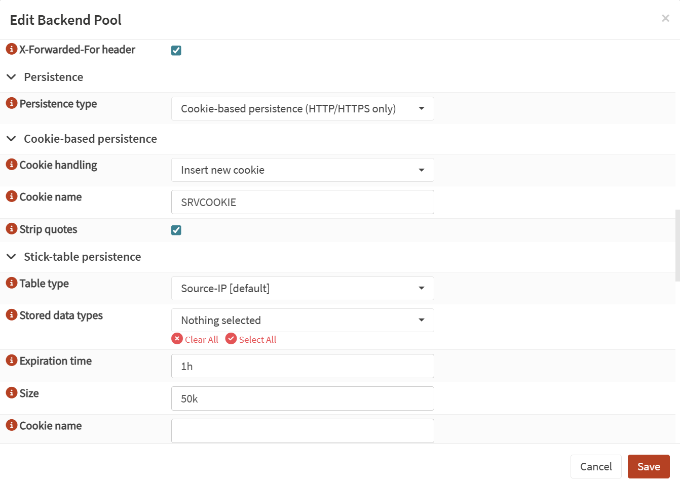 The most crucial part of the back-end pool set up - use a new pool with the existing web servers to configure cookie persistence + x-forwarded-for header + 1h expiration time (then scroll below for the other options mentioned above).