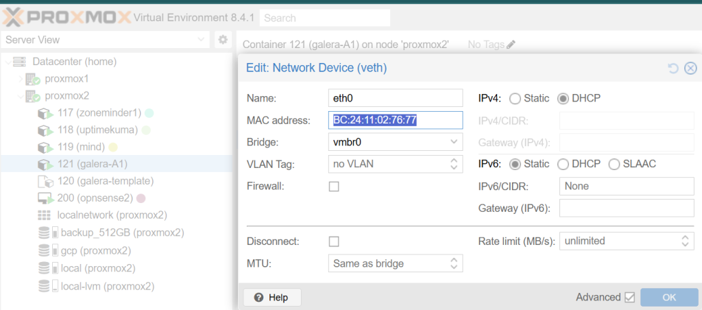 Copy the MAC address of the LXC to assign static IP address