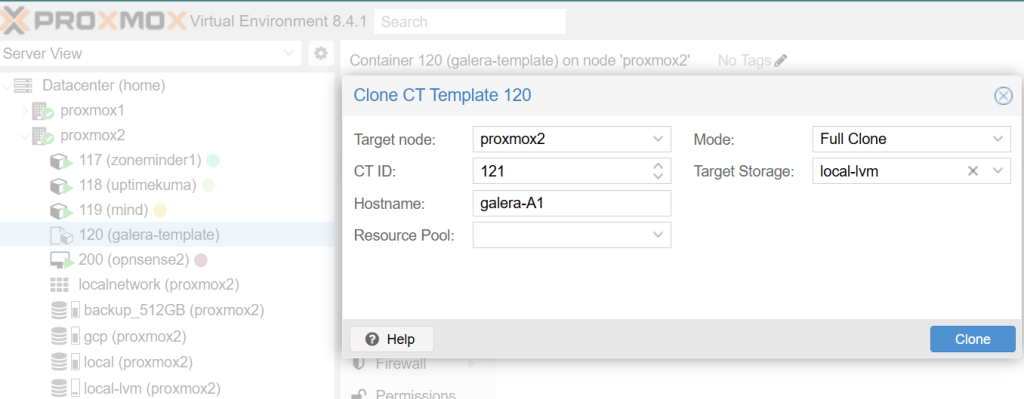 Create a clone from an LXC template