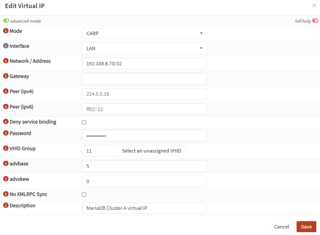 CARP on OPNSense - virtual IP set up.