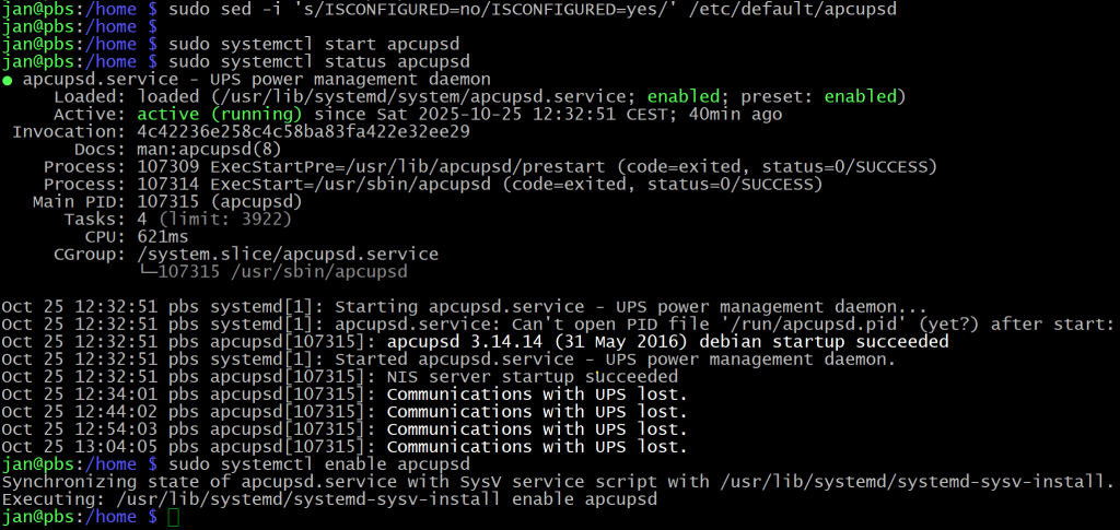 In case you encounter communication lost error in the service log for apcupsd, reconnect your UPS and reboot your Linux computer.