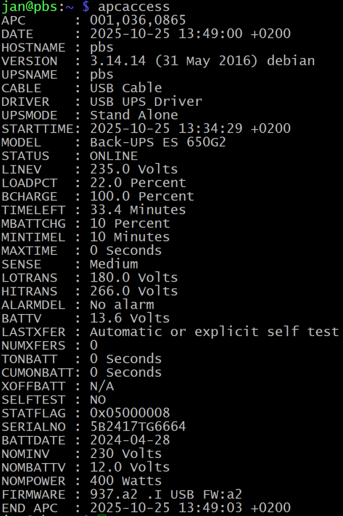 The output from 'apcaccess' that shows more details about your APC UPS unit, its status and charge level.