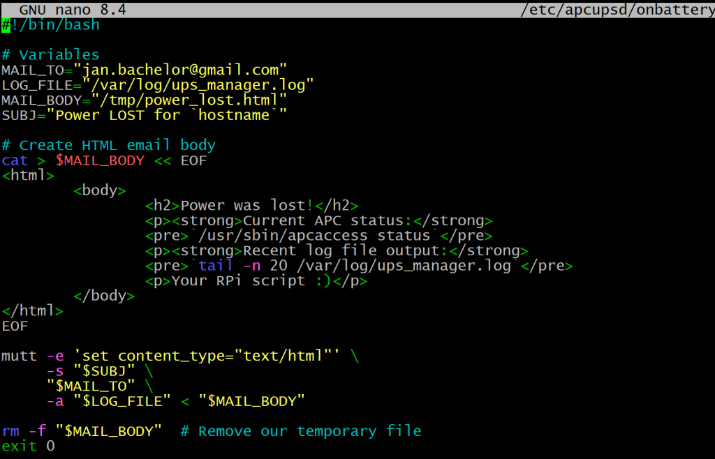 Screenshot of the script as shown in the nano text editor to configure the onbaterry script.