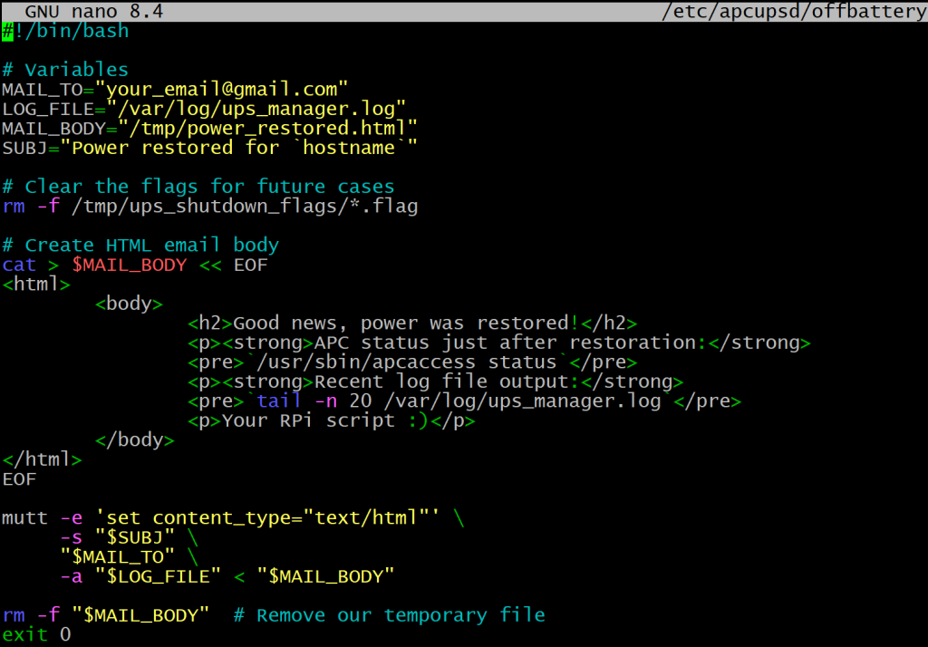 Screenshot of the script as shown in the nano text editor to configure the offbaterry script.