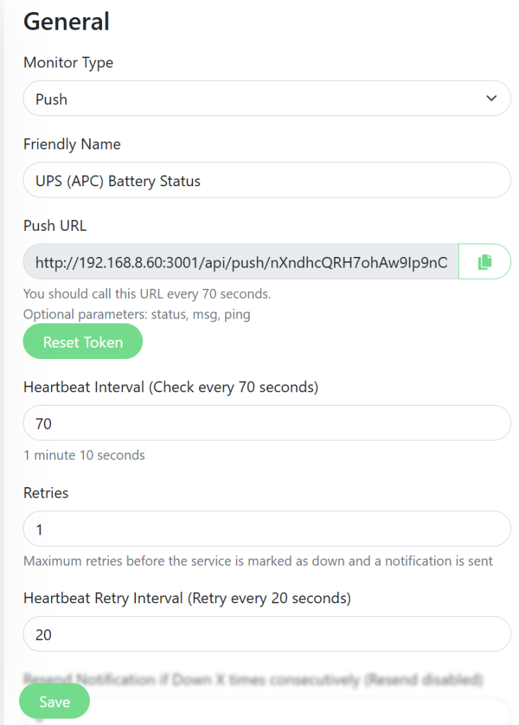 Create a new Uptime Kuma passive push monitor.