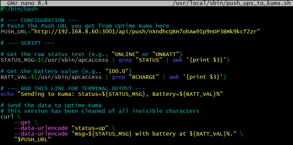 A screenshot from nano that showcases the push for UptimeKuma.
