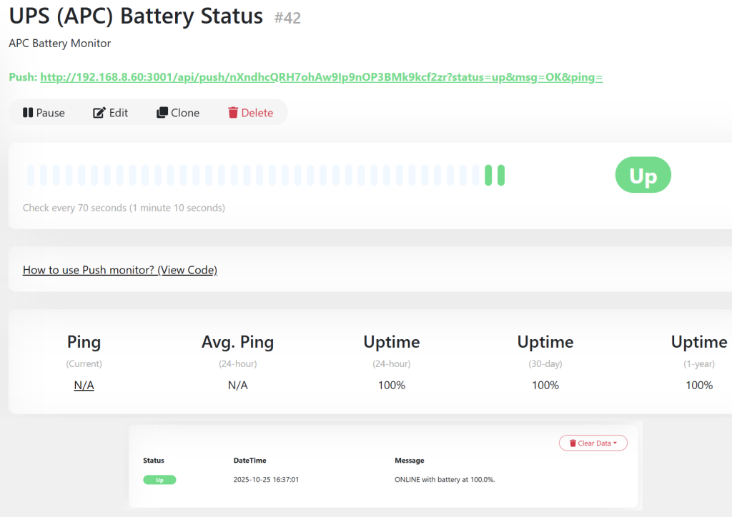 Uptime Kuma showing the battery percentage in its status update.