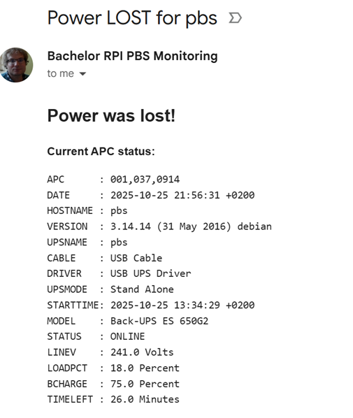 Example of an email notification sent to my Gmail during a power outage test.