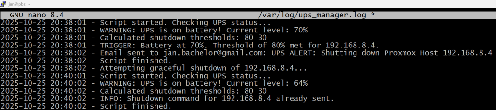 Output from the ups-manager.log file that demonstrates that our script is working and that the same hosts are not being repeatedly sent for shutdown.