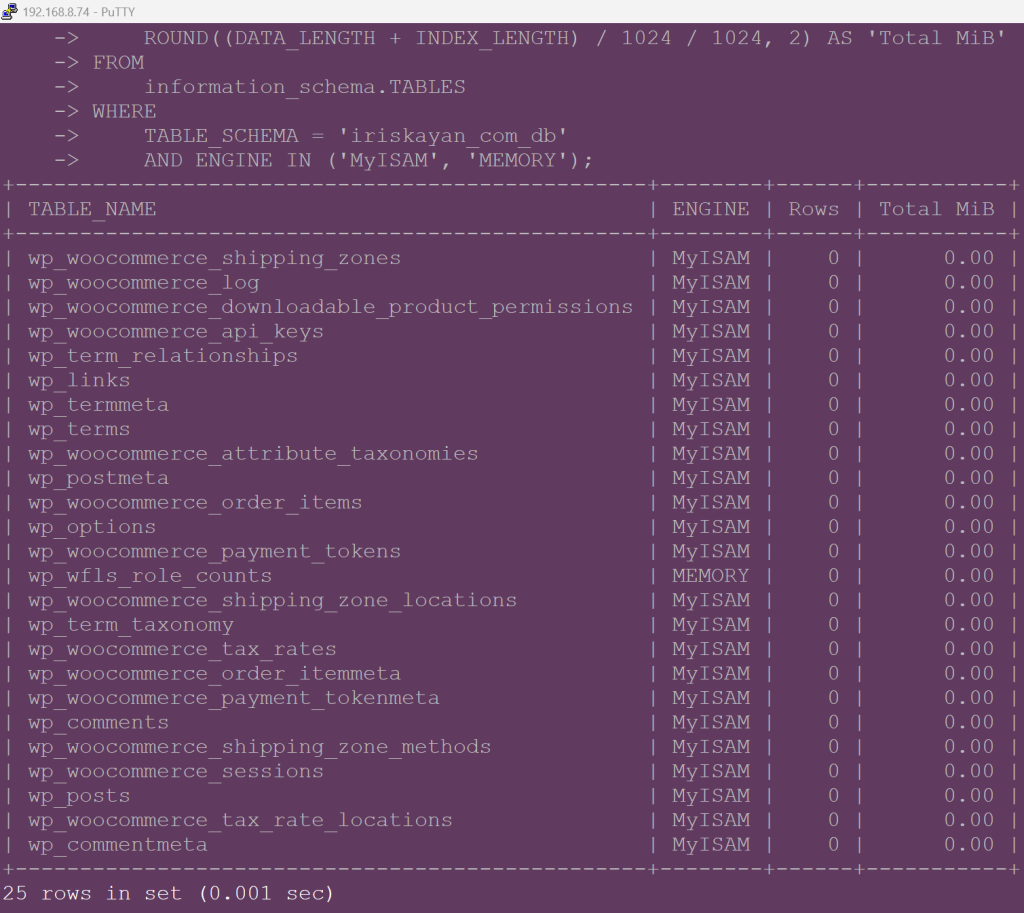 Demonstration of how the import of other than InnoDB tables (MyISAM and Memory) did not transfer to the other node(s).