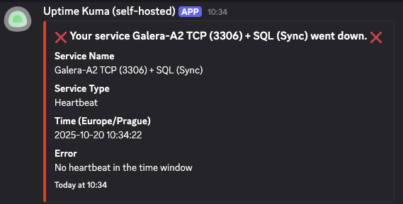 Result of a test - notification arrives to Discord (pre-configured on Uptimekuma separately from this guide) when MariaDB service on node2 is down.
