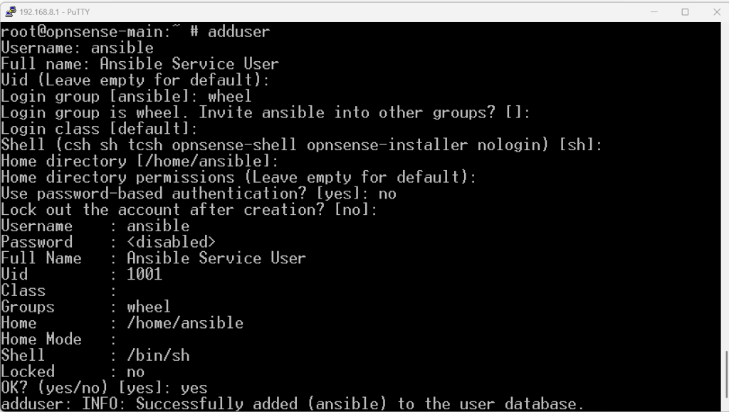 Get your Ansible user and SSH key imported for each of your hosts - this is how you handle it on FreeBSD with OPNSense.