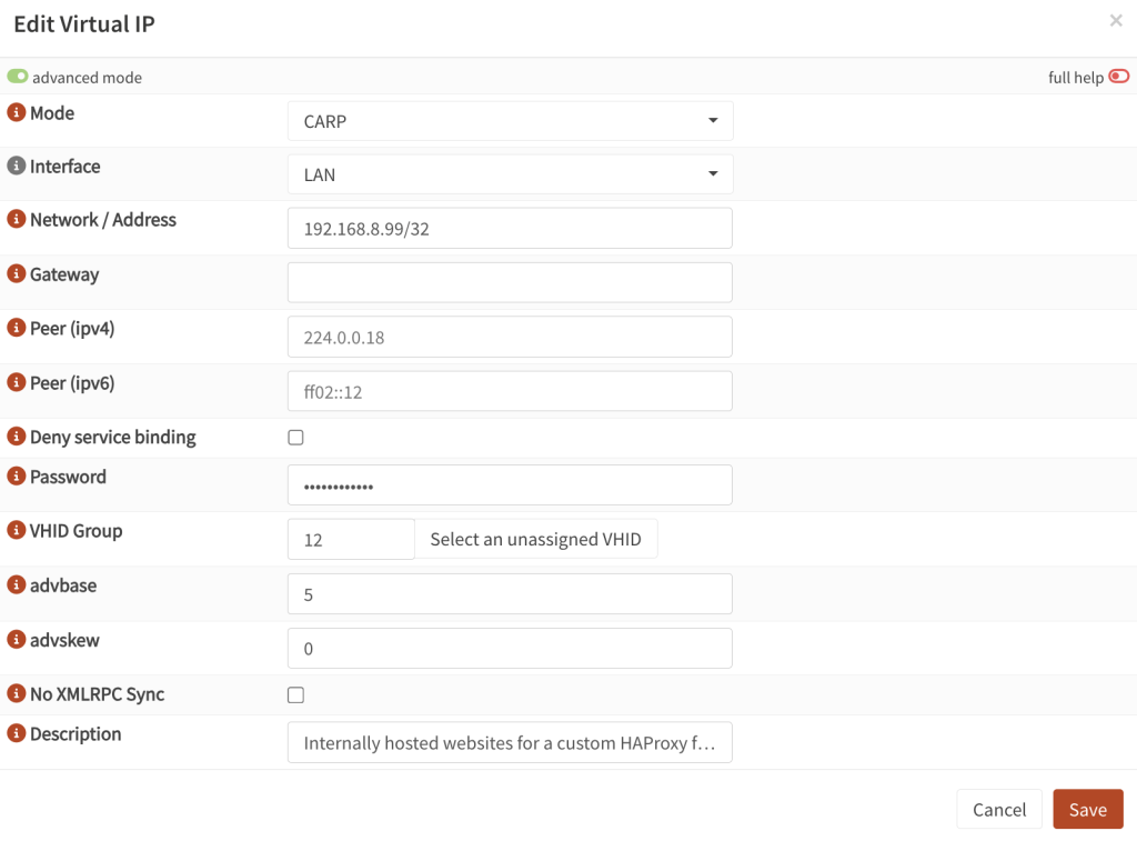 Add your virtual IP to CARP for HA set up on OPNSense