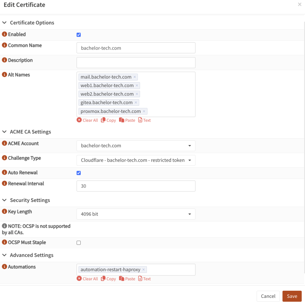 Create an ACME cert on OPNSense for your proxmox cluster subdomain