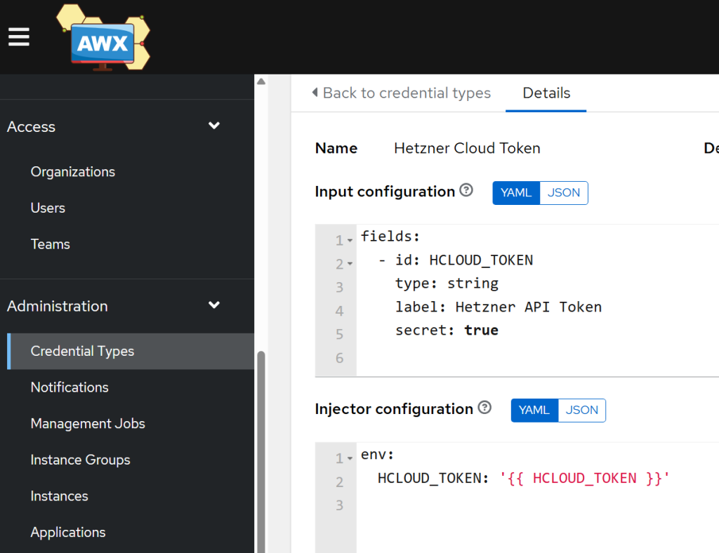 Custom credential creation window in AWX for Hetzner