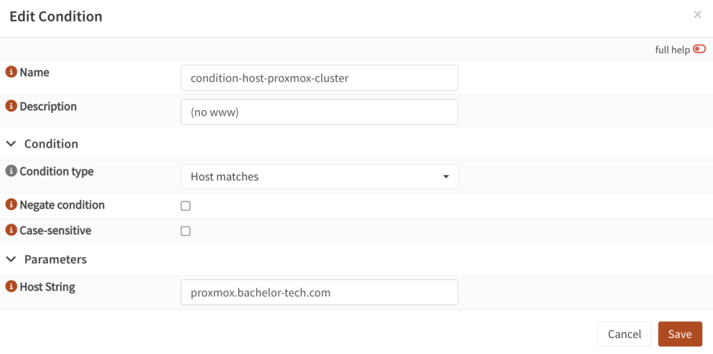 Create a condition in HAProxy to match the hostname of your virtual Proxmox cluster.