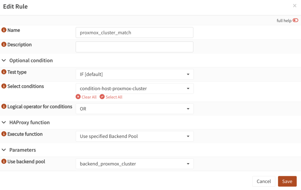 Create a rule in HAProxy to user to forward the matched condition of your virtual Proxmox cluster to your back-end pool.