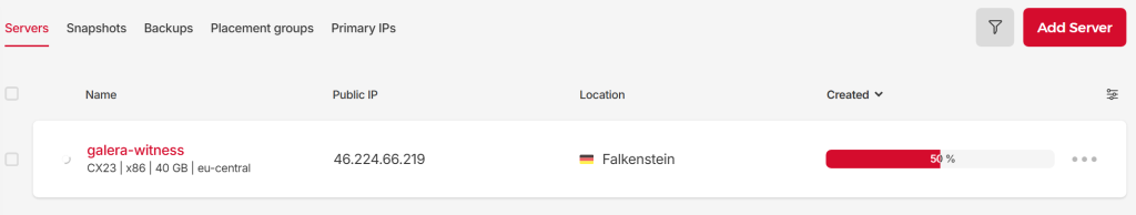 Screenshot of Hetzner being in the middle of provisioning a VPS triggered from the AWX playbook.