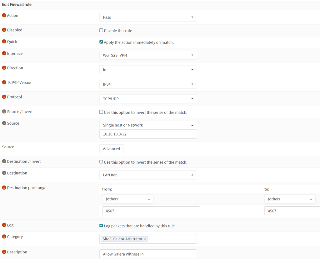 A screenshot from OPNSense showing a new firewall rule is added to allow traffic in on the S2S VPN interface on TCP+UDP on port 4567 from Site 3's tunnel IP.