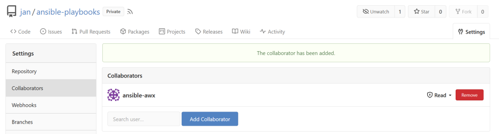 Add a limited collaborator accoutn for AWX in Gitea.