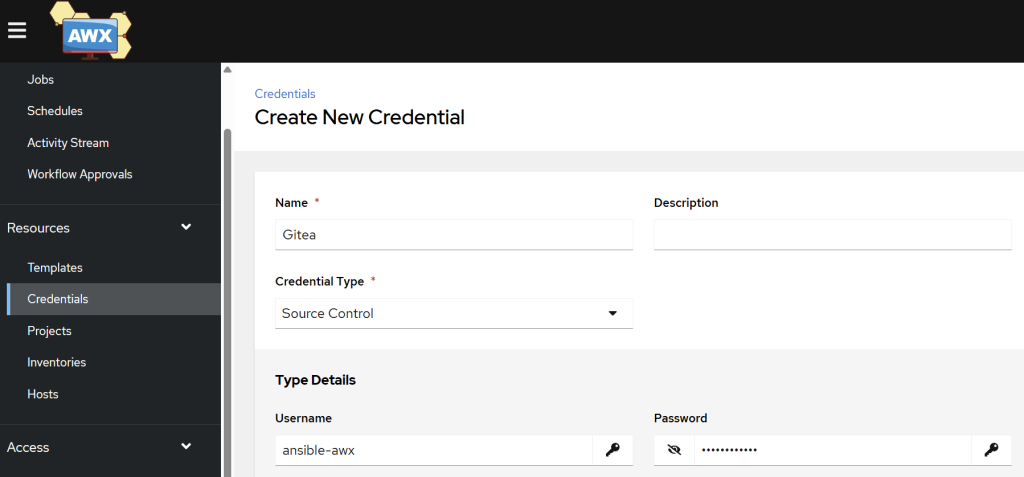 Add credentails for Gitea in AWX.