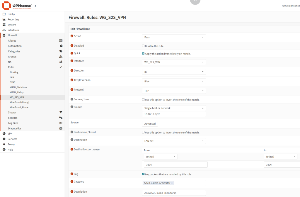 A screenshot from OPNSense showing a firewall rule addition to allow traffic on port 3306.