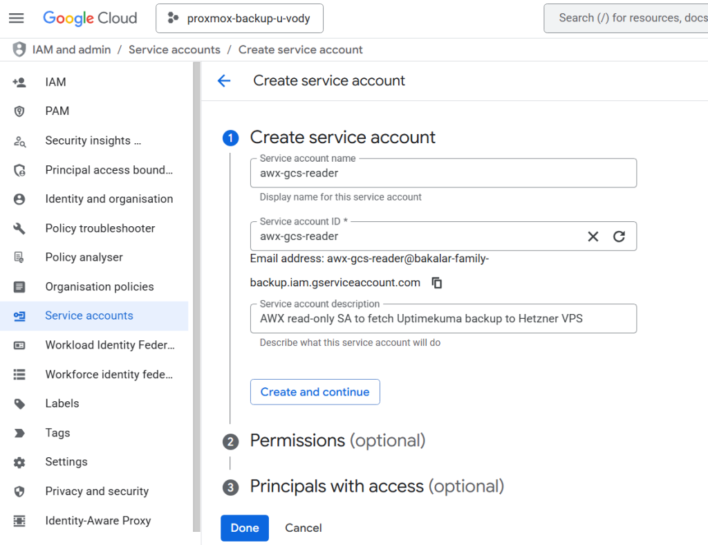 Screenshot from GCP on creating a service account to reach a bucket.