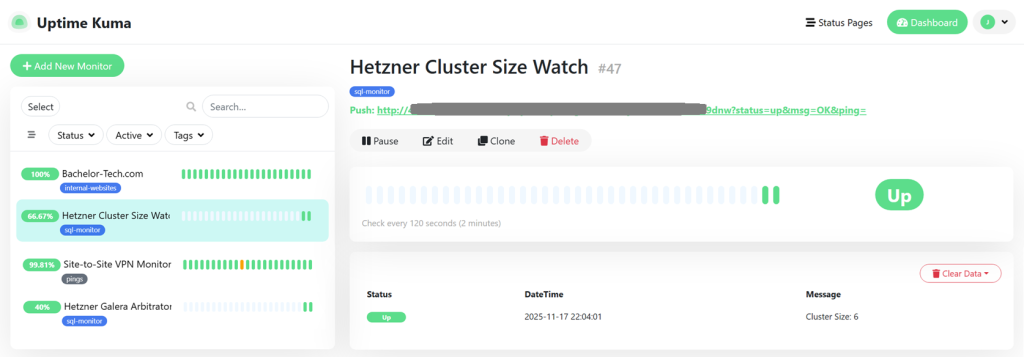Uptimekuma being successfully restored and running.
