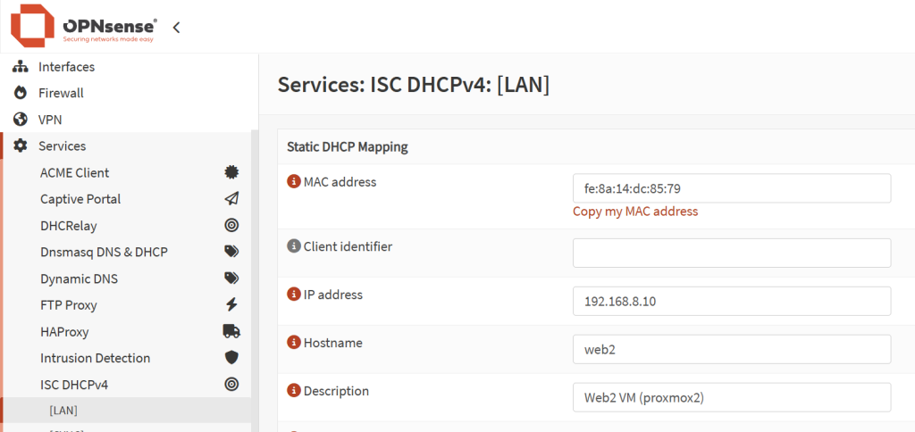 Screenshot from OPNSense's environment showing how to assign a static IP to a web server based on its MAC address.