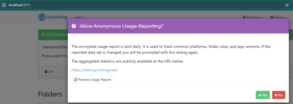 Initial screen when you load Syncthing's web UI for the first time.