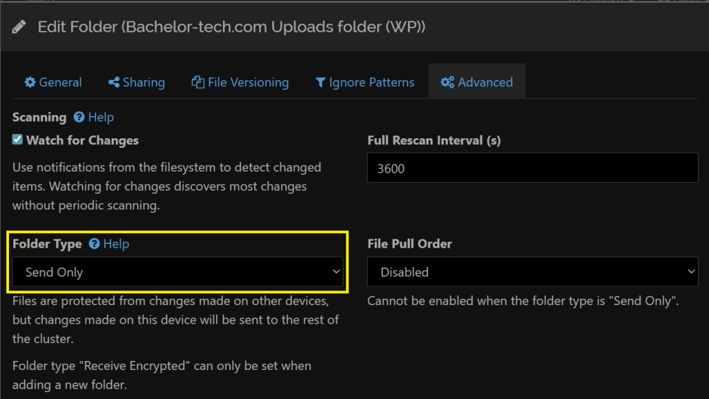 A screenshot from Syncthing showing how a folder can be set to Send only.