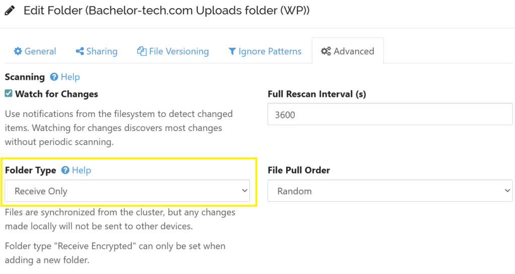 A screenshot from Syncthing showing how can a folder with a incomplete dataset can be set to Receive only.