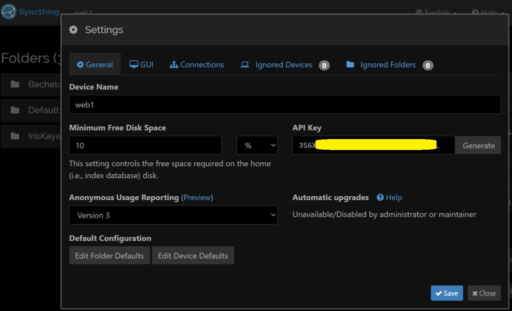Screenshot from Syncthing showing where to find the API key for each Syncthing instance.