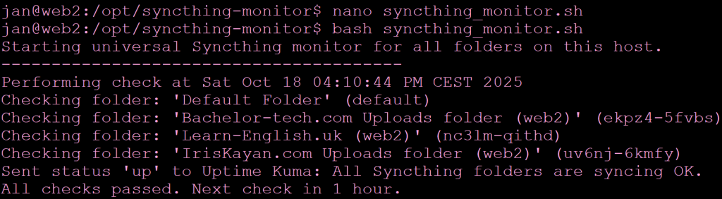 Screenshot from a run of the Syncthing monitor script.