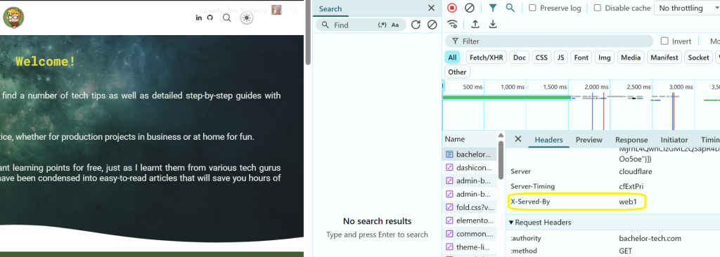 Screenshot from a browser (Chrome) with opened Developer tools showing the injected header that reveals which web server did we hit when accessing our website.