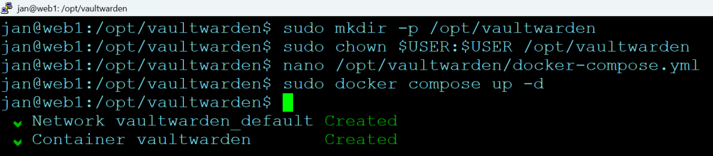 Docker container for Vaultwarden spinned up.