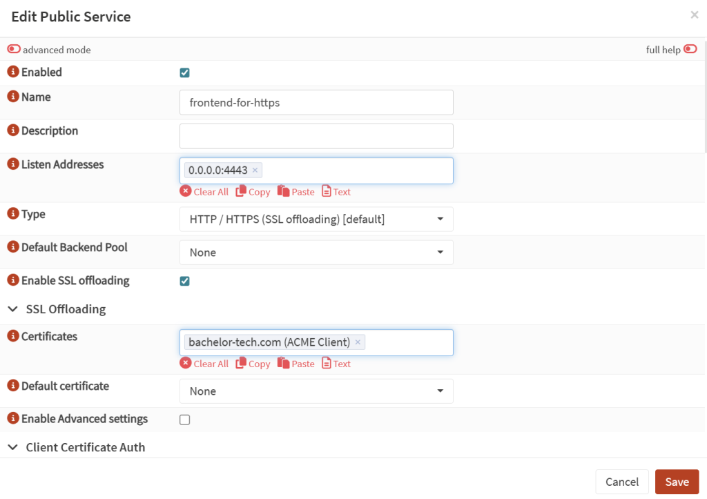 Update (or create a new) front-end on HAProxy on OPNSense for Vaultwarden.