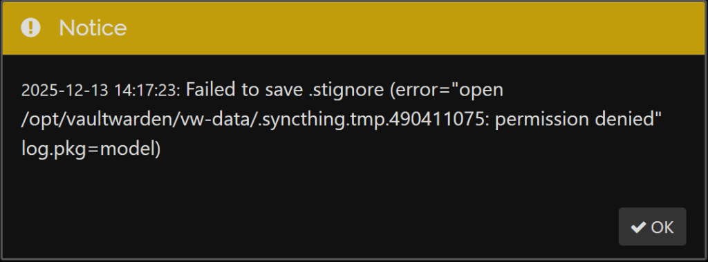 A scenario in which the folder permissions are not set up properly for Syncthing to have read+write access.