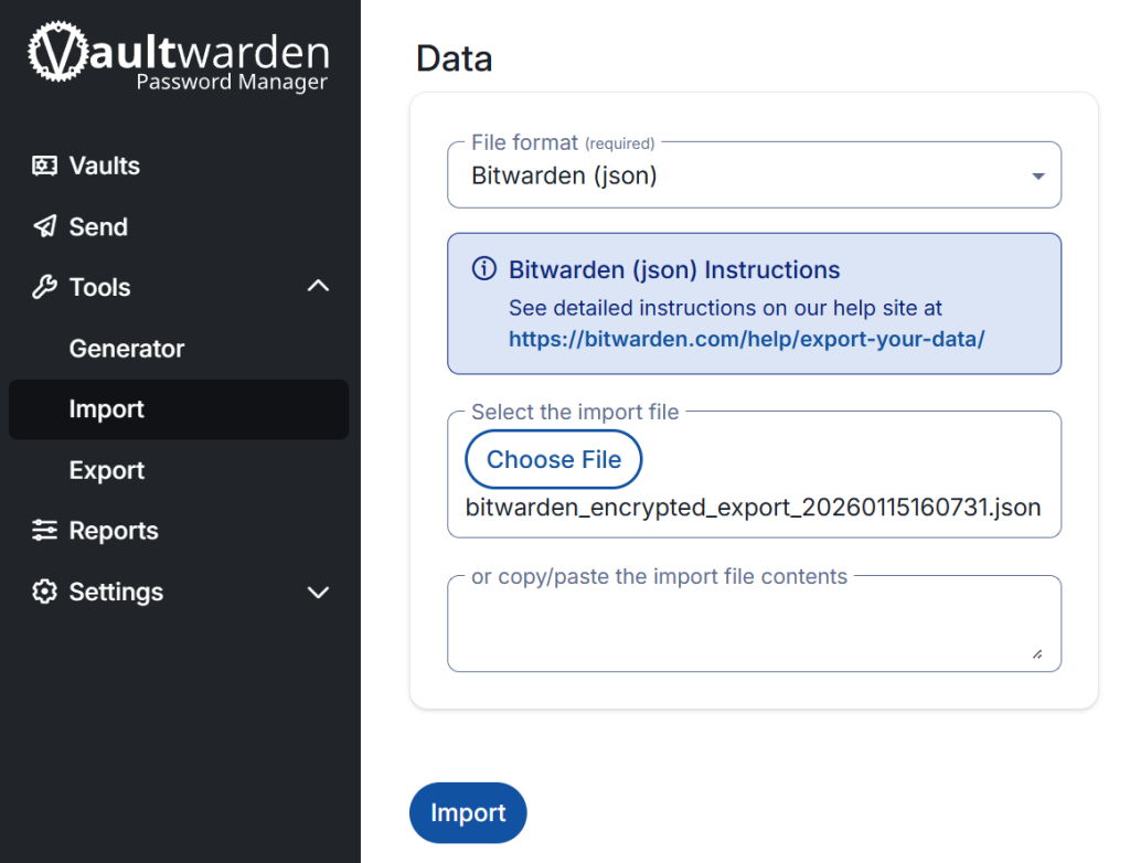 Vaultwarden's Import Tool - attach your preferrably encrypted .JSON file. 