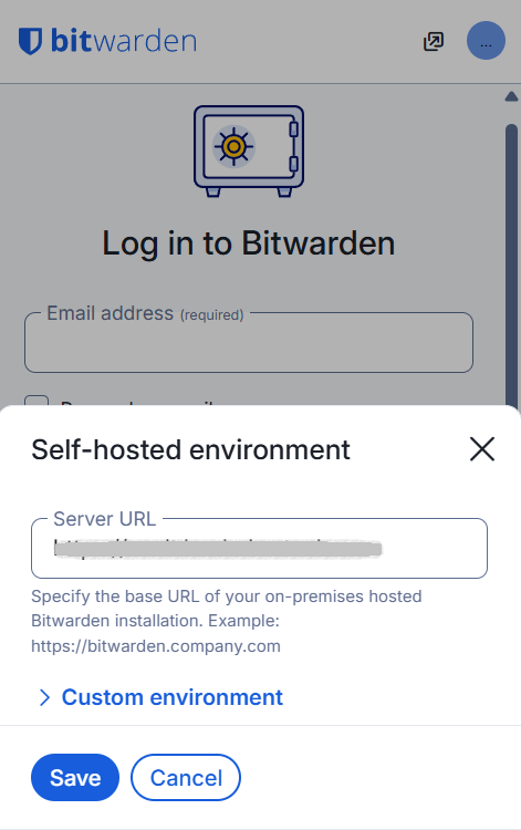 Screenshot from a browser plugin for Bitwatden with the option to add the URL of one's self-hosted instance.