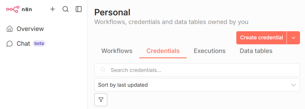 Screenshot from n8n showing where to add credentials.