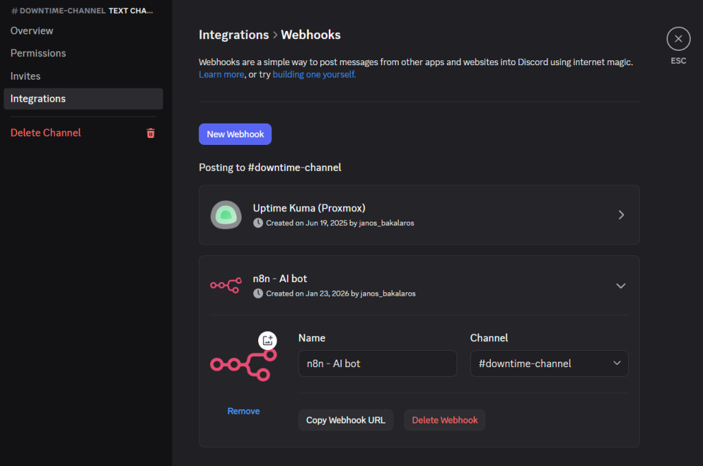 Screenshot from Discord showing the creation of a new webhook.