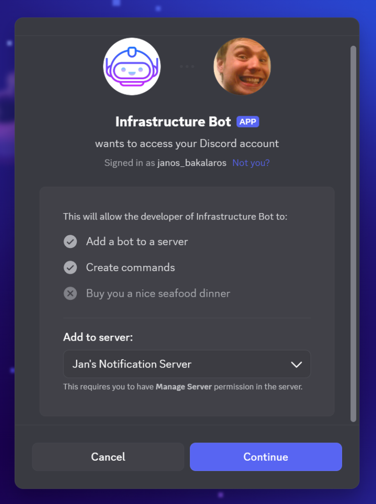 Screenshot from Discord showing how a Discord bot gets access to our server.