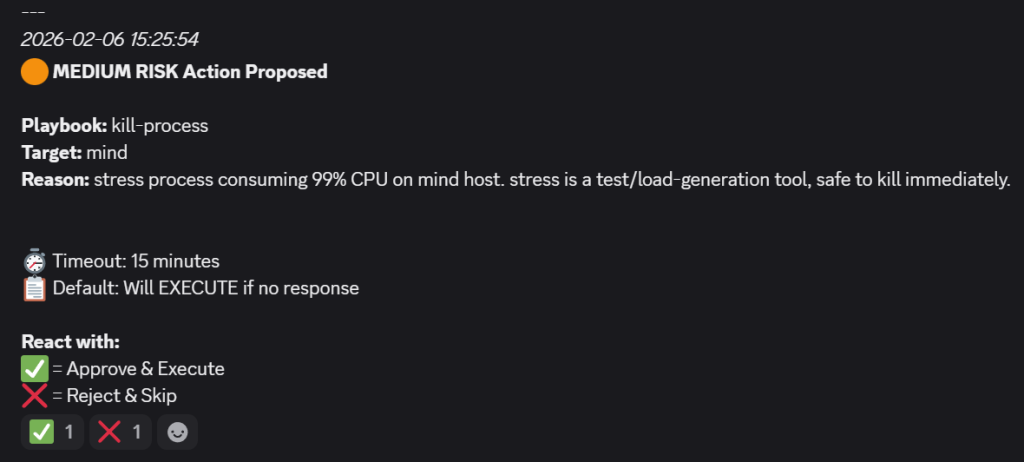 Screenshot from Discord showing a medium risk action proposed to execute a kill-process job.