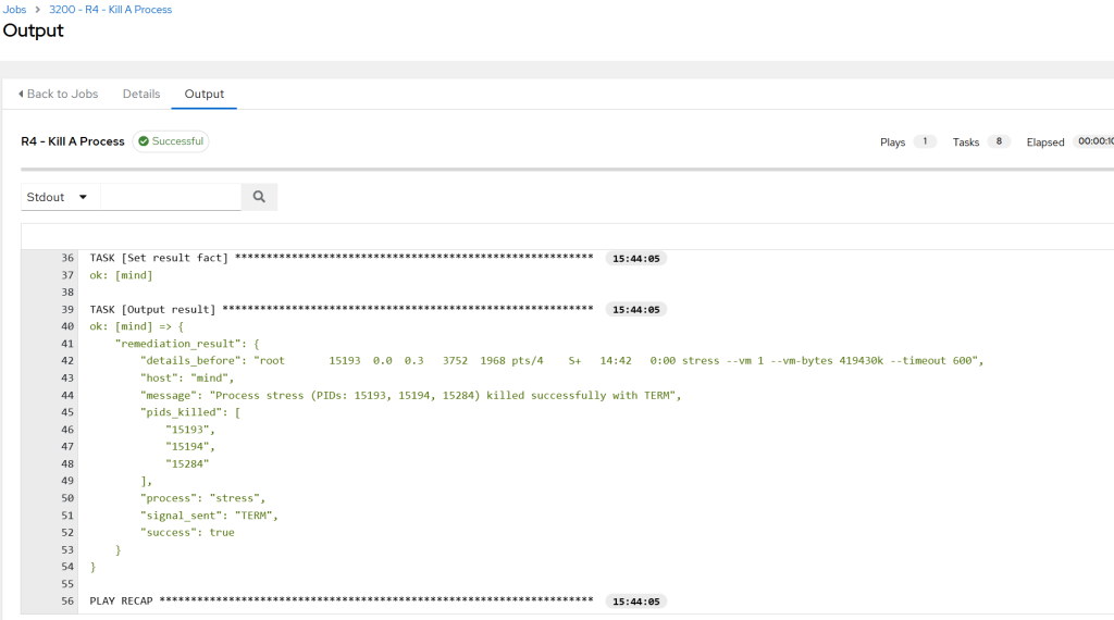 Screenshot from AWX showing the termination of a job that was hogging the CPU resources.