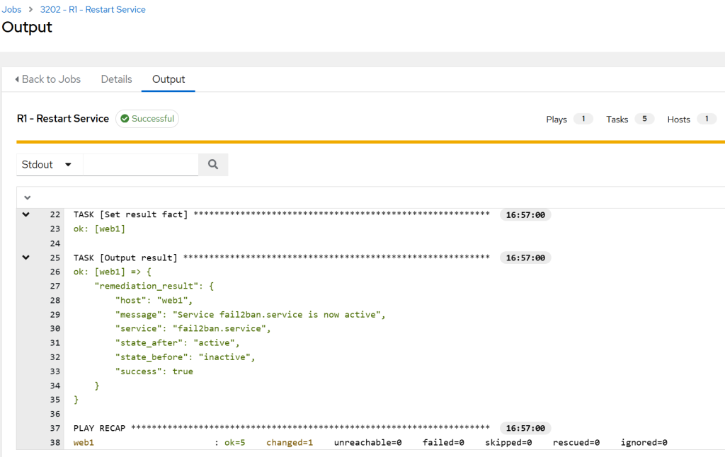 Screenshot from AWX showing the previously inactive service was started successfully.