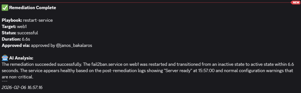 Screenshot from Discord revealing how AI can formulate the results based on AWX's (or Semaphore's) job results as well as from Loki.