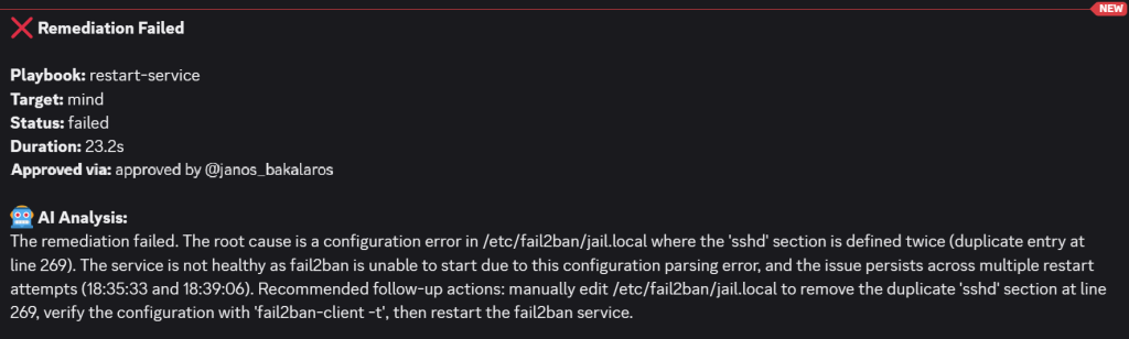 Screenshot of Discord showing how AI correctly analyzed what went wrong with a jail.local config file.